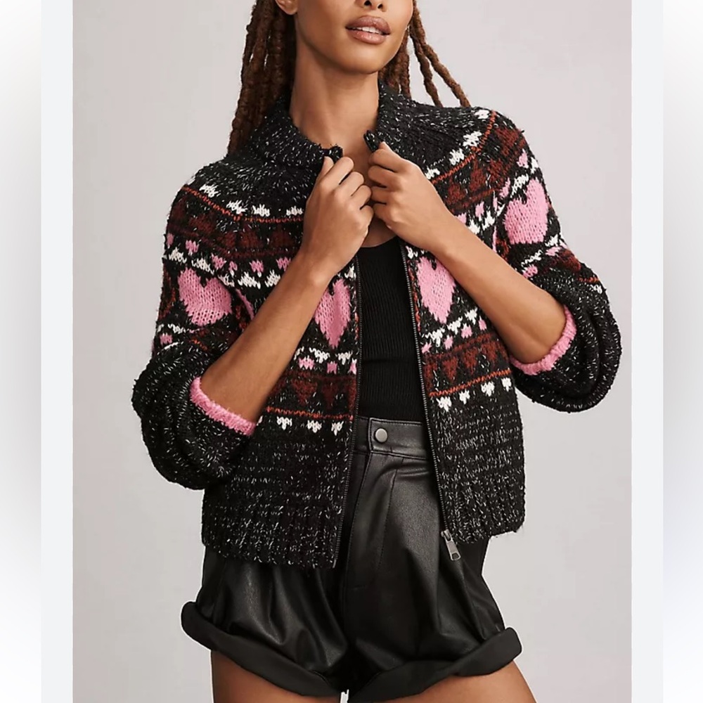 PILCRO For ANTHROPOLOGIE Peace Love‎ Icon Zip Front Sweater Small Chunky Knit